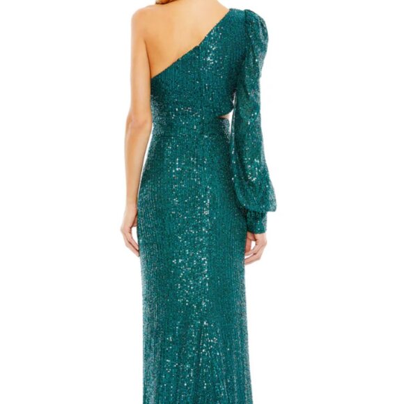 MAC DUGGAL 26730 SEQUINED ONE SHOULDER TEAL CUTOUT SIDES THIGH SLIT GOWN sz 4 - Picture 4 of 5